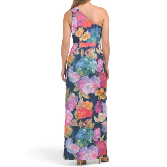 Aidan Mattox One Shoulder Draped Floral Gown With Thigh Slit In Navy Multi - Picture 4 of 14